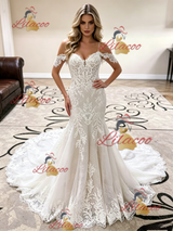 White Mermaid Straps Appliques Wedding Dress