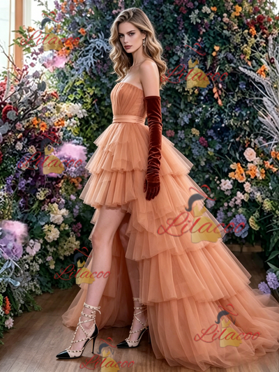 Orange Tulle Strapless Pleats Prom Dress