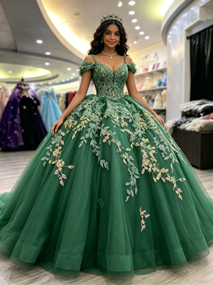Green Tulle Off the Shoulder Appliques Quinceanera Dress