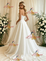Beige White Tulle Strapless Wedding Dress
