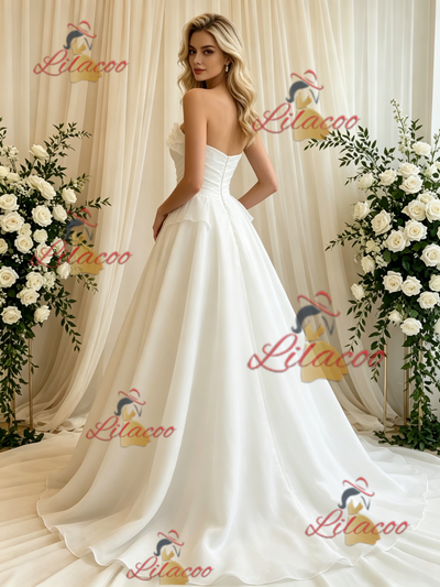 Beige White Tulle Strapless Wedding Dress
