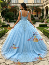 Blue Tulle Straps Appliques Quinceanera Dress