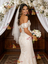 Beige White Mermaid Lace Off the Shoulder Wedding Dress