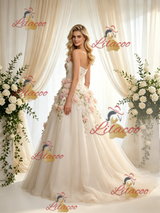Ivory Tulle One Shoulder Appliques Wedding Dress