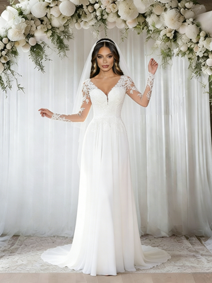 White Chiffon Long Sleeve Lace Wedding Dress