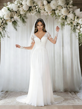 White Chiffon Long Sleeve Lace Wedding Dress