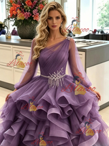 Purple Tulle Long Sleeve Pleats Prom Dress