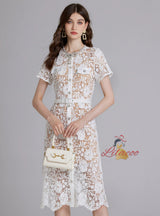 Heavy Lace Rhinestone Round Neck Dress