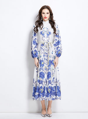 National Style Pattern Stand-up Long Dress