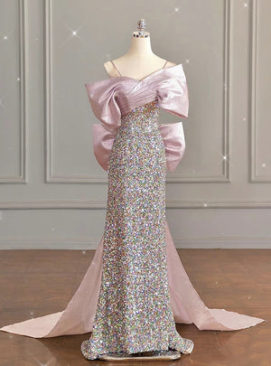 Pink Sequins Straps Bow Pleats Prom Dress