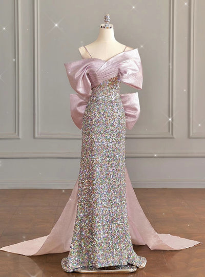 Pink Sequins Straps Bow Pleats Prom Dress