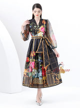 V-neck Lantern Sleeve Long Retro Print Dress