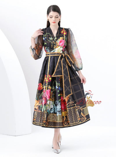 V-neck Lantern Sleeve Long Retro Print Dress