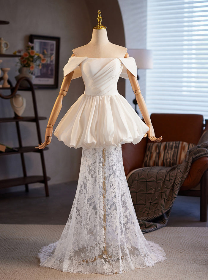 White Mermaid Lace Pleats Wedding Dress