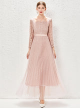 Long Sleeve Lace Pleated Gauze Dress