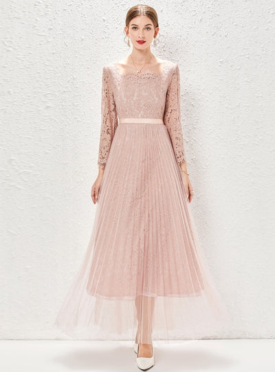 Long Sleeve Lace Pleated Gauze Dress