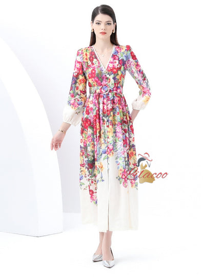 Sexy Lace V-neck Retro Print Dress