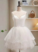White Tulle Straps Pearls Homecoming Dress
