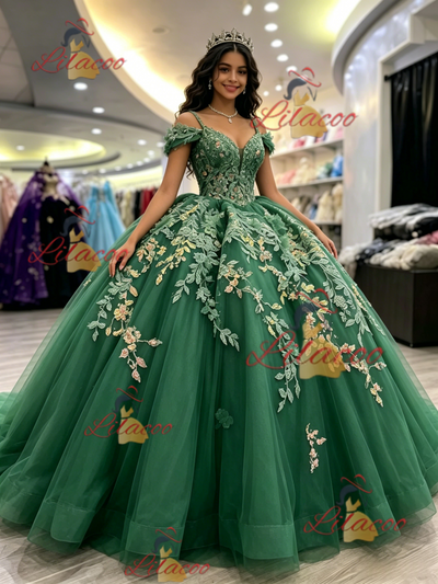 Green Tulle Off the Shoulder Appliques Quinceanera Dress