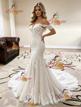 White Mermaid Straps Appliques Wedding Dress