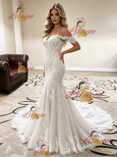 White Mermaid Straps Appliques Wedding Dress