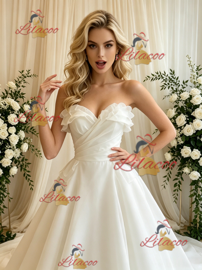 Beige White Tulle Strapless Wedding Dress