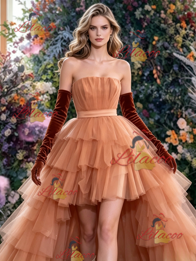 Orange Tulle Strapless Pleats Prom Dress