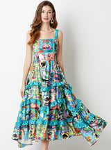 Printed Wood Ear Slim Long Retro Suspender Dress