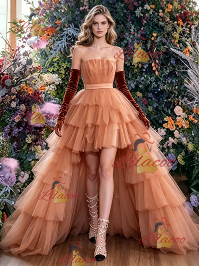 Orange Tulle Strapless Pleats Prom Dress