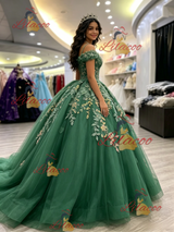 Green Tulle Off the Shoulder Appliques Quinceanera Dress
