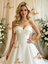 Beige White Tulle Strapless Wedding Dress