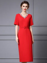 Red V-neck Short Sleeve Mother Of The Bride Dress