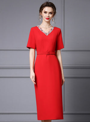 Red V-neck Short Sleeve Mother Of The Bride Dress