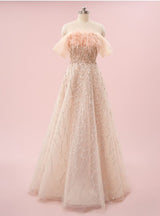Champagne Tulle Sequins Beading Feather Prom Dress