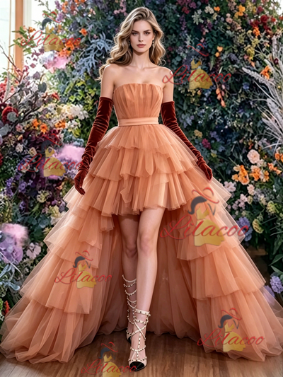 Orange Tulle Strapless Pleats Prom Dress