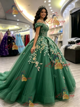 Green Tulle Off the Shoulder Appliques Quinceanera Dress