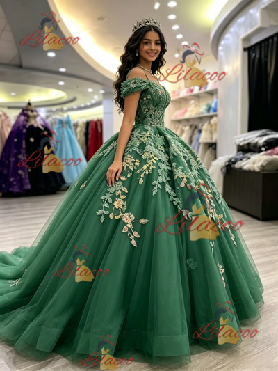 Green Tulle Off the Shoulder Appliques Quinceanera Dress