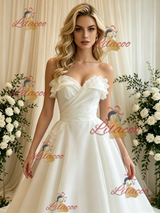 Beige White Tulle Strapless Wedding Dress