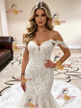White Mermaid Straps Appliques Wedding Dress