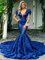 Blue Mermaid Sequins V-neck Prom Dress