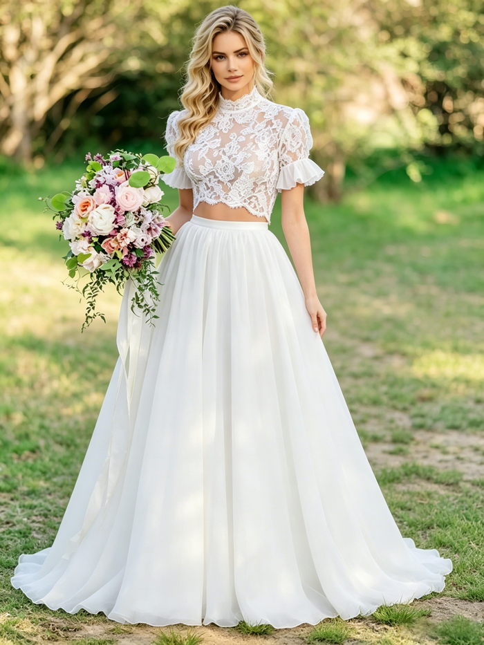White Two Piece Lace Short Sleeve Wedding Dress