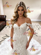 White Mermaid Straps Appliques Wedding Dress