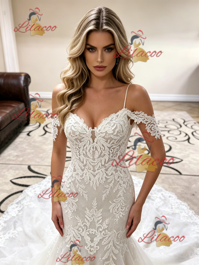 White Mermaid Straps Appliques Wedding Dress
