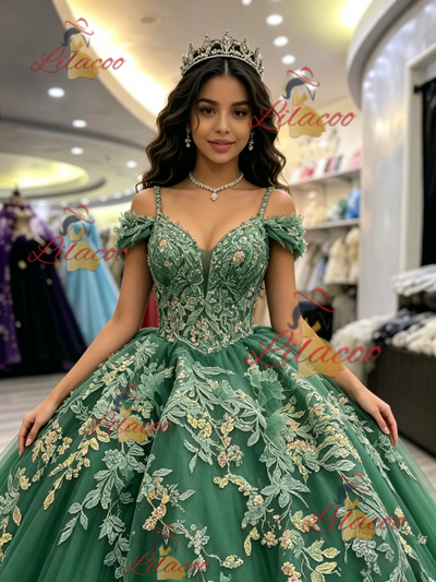 Green Tulle Off the Shoulder Appliques Quinceanera Dress