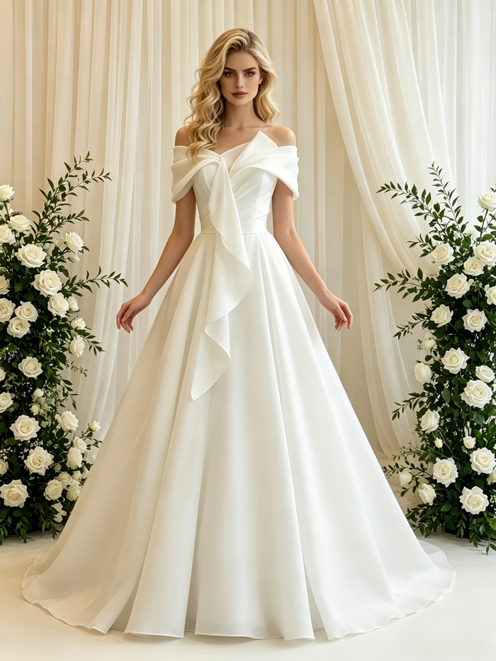 White Tulle Off the Shoulder Pleats Wedding Dress