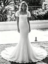 White Mermaid Lace Puff Sleeve Wedding Dress