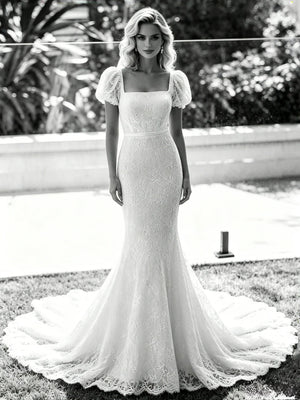 White Mermaid Lace Puff Sleeve Wedding Dress