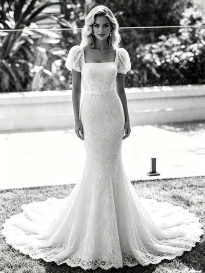 White Mermaid Lace Puff Sleeve Wedding Dress