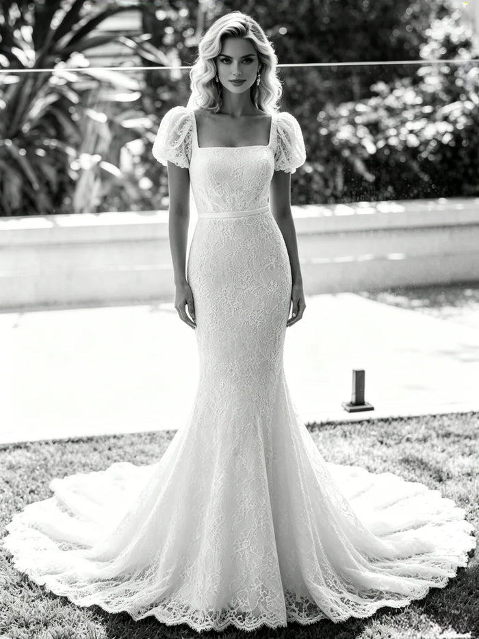 White Mermaid Lace Puff Sleeve Wedding Dress