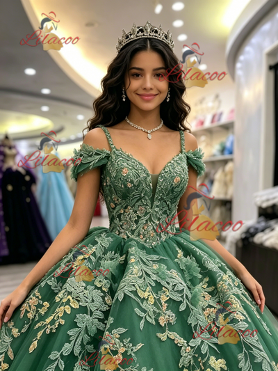 Green Tulle Off the Shoulder Appliques Quinceanera Dress